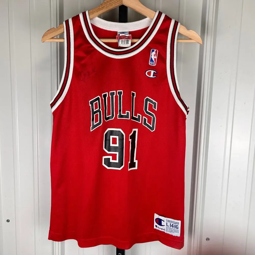 Signed Dennis Rodman 90s Champion Chicago Bulls Youth L 14-16 Jersey - Picture 2 of 7